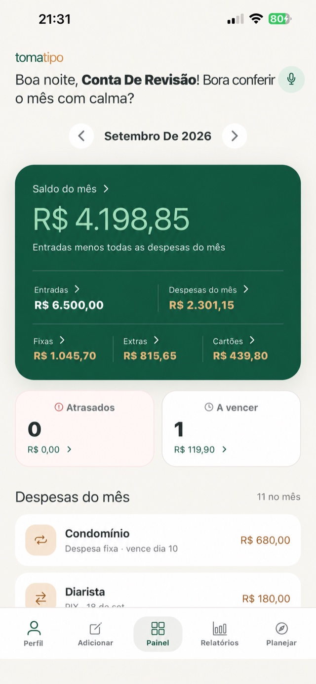 Tela Painel do tomatipo com resumo mensal de entradas e despesas