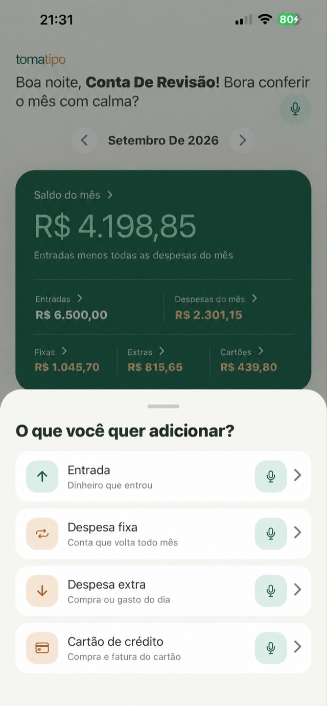 Tela Adicionar do tomatipo com opções de lançamentos financeiros