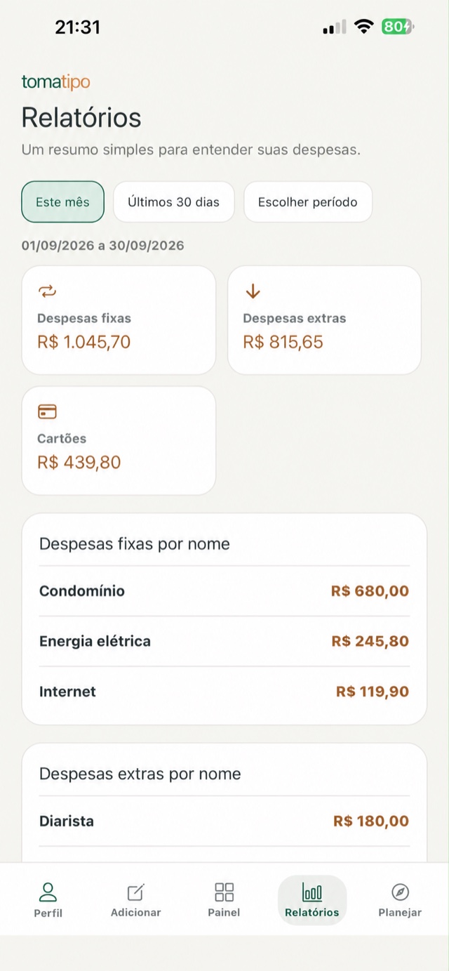Tela Relatórios do tomatipo com resumo das despesas