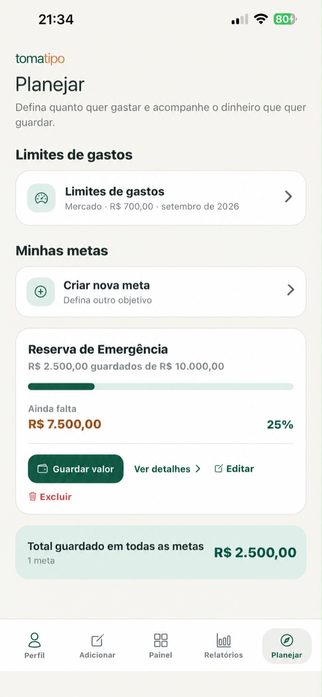 Tela Planejar do tomatipo com limites de gastos e metas