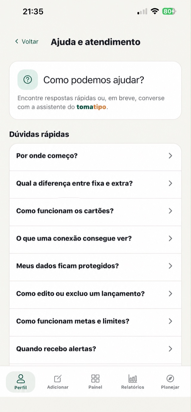 Tela Ajuda do tomatipo com dúvidas rápidas e atendimento